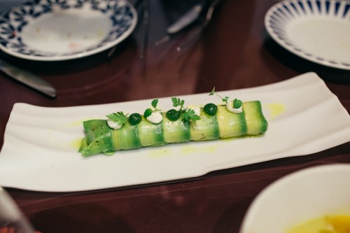 Avocado cannelloni with crab and romesco sauce