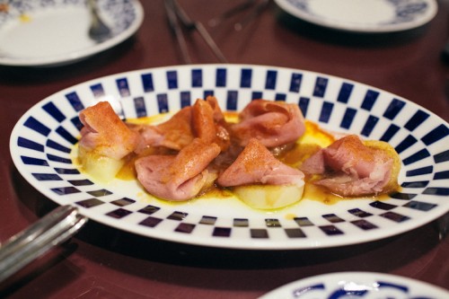 Confit potatoes with pork rib jus and boiled iberian ham