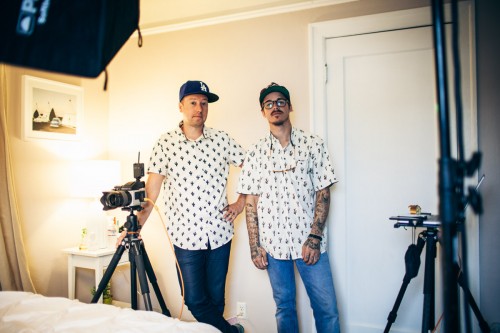 Keatley and Lonnie matching Keatley & Lonnie with matching palm tree shirts.